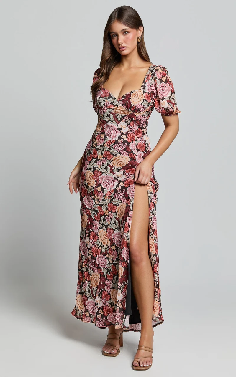 Lorie Maxi Dress - Short Sleeve Cut Out Tie Back Dress in Boheme Floral