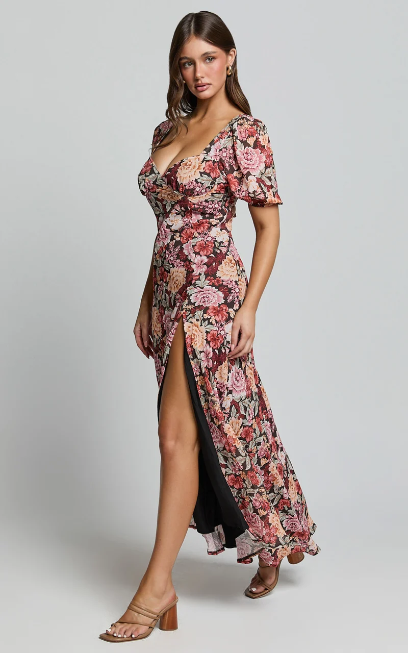Lorie Maxi Dress - Short Sleeve Cut Out Tie Back Dress in Boheme Floral