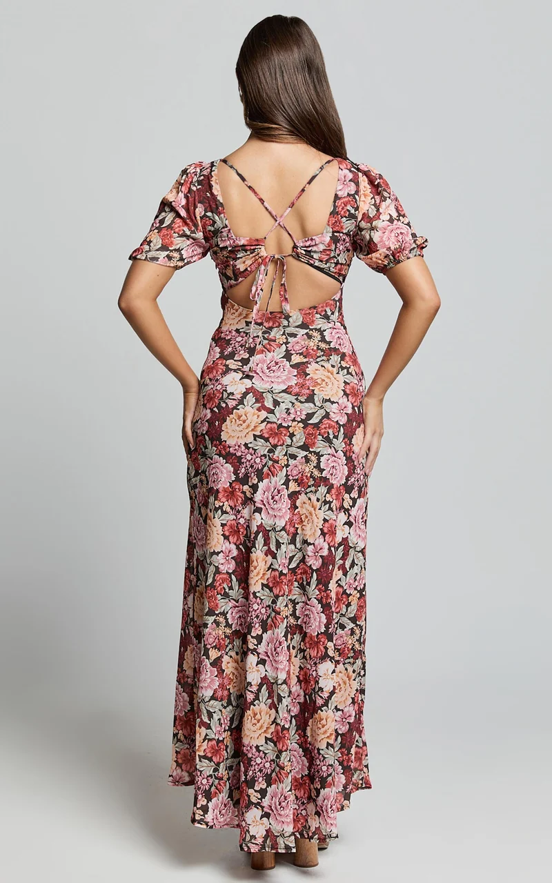Lorie Maxi Dress - Short Sleeve Cut Out Tie Back Dress in Boheme Floral