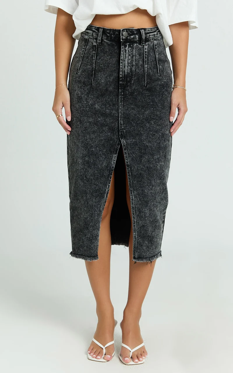 Janeve Midi Skirt - Front Split Denim Skirt in Black Acid Wash