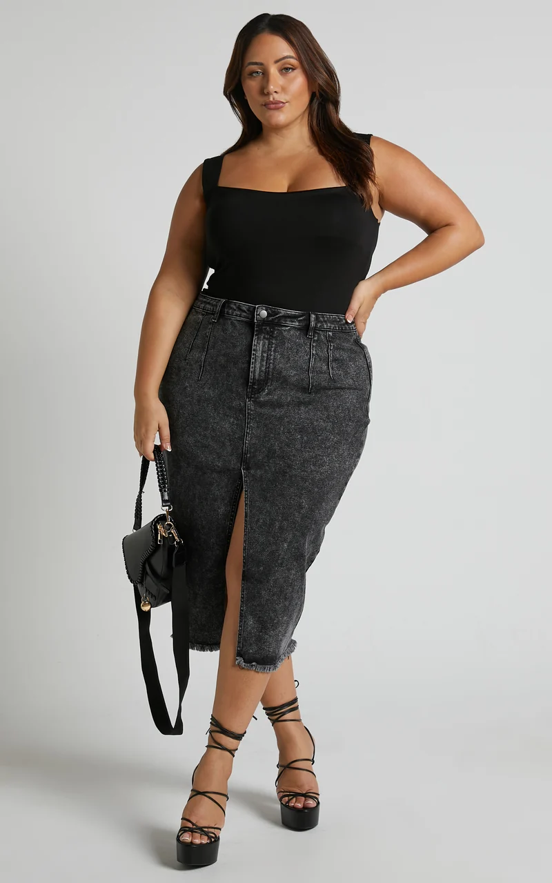 Janeve Midi Skirt - Front Split Denim Skirt in Black Acid Wash