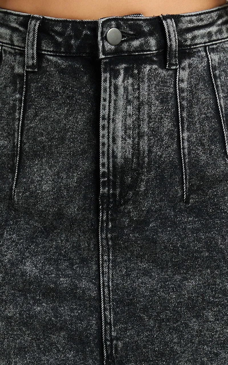 Janeve Midi Skirt - Front Split Denim Skirt in Black Acid Wash