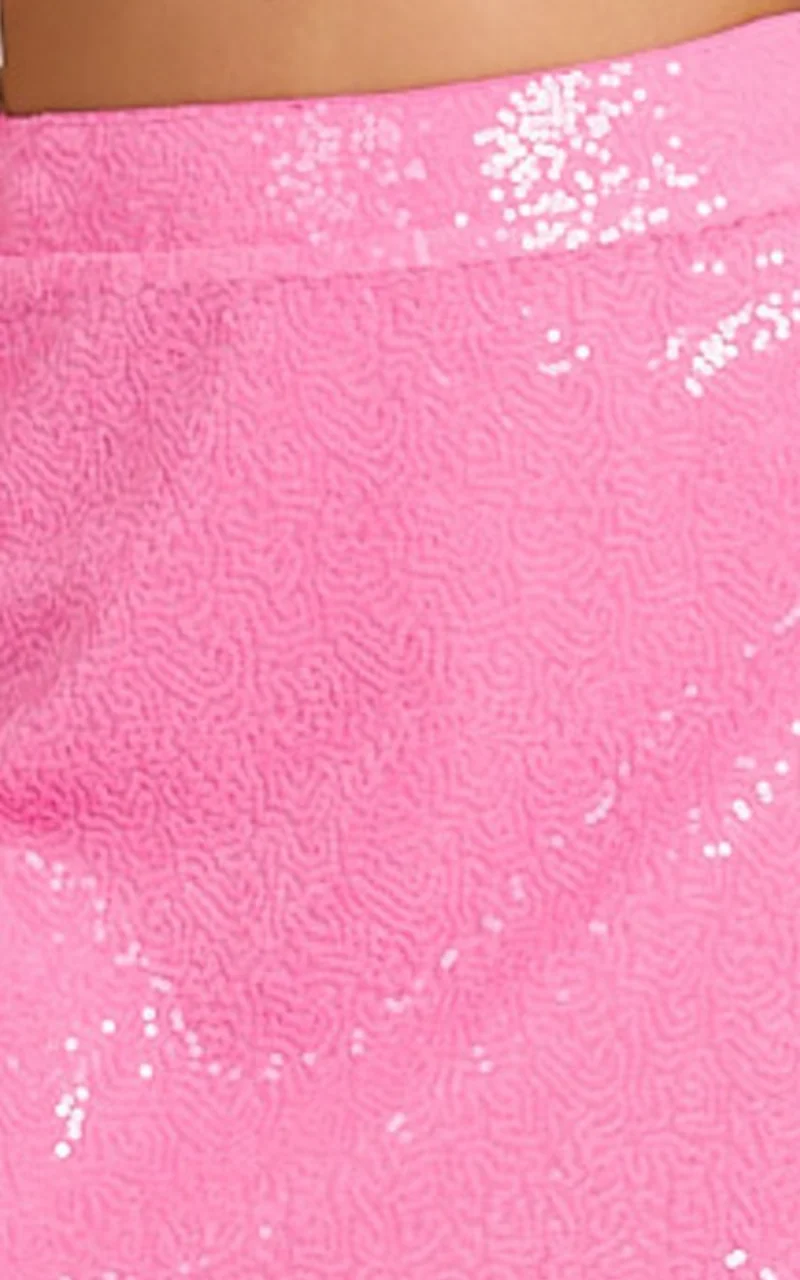 Elswyth Mini Skirt - Side Split Sequin Skirt in Pink