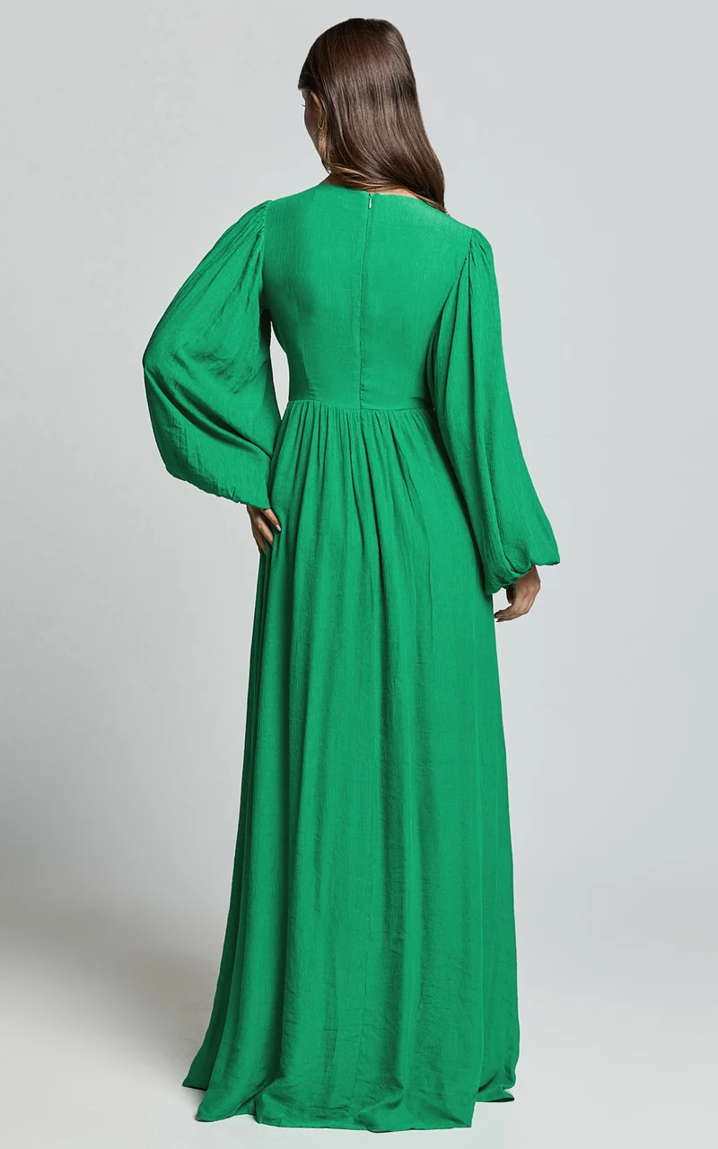 Paige Maxi Dress - Side Cut Out Balloon Sleeve Dress in Green