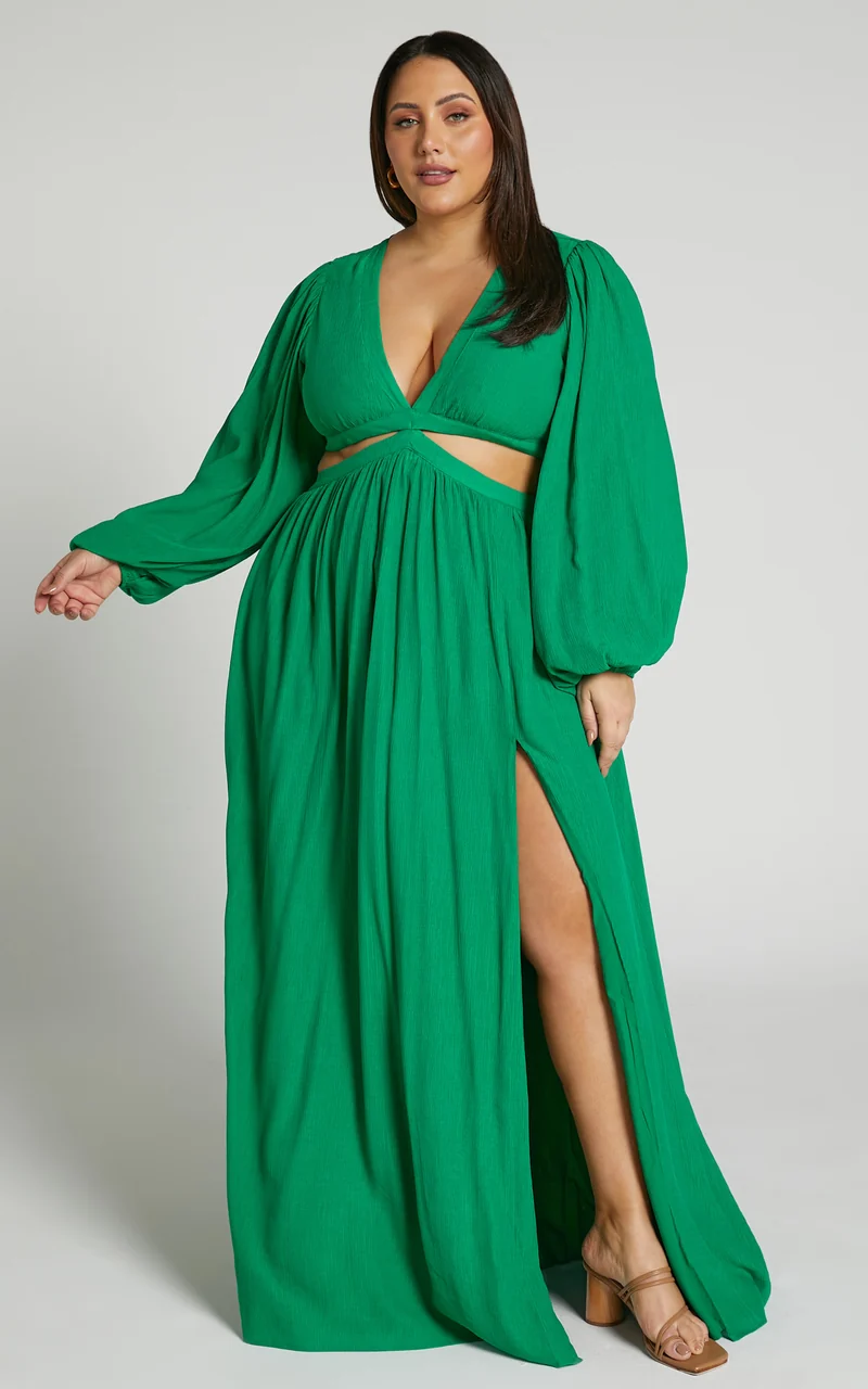 Paige Maxi Dress - Side Cut Out Balloon Sleeve Dress in Green