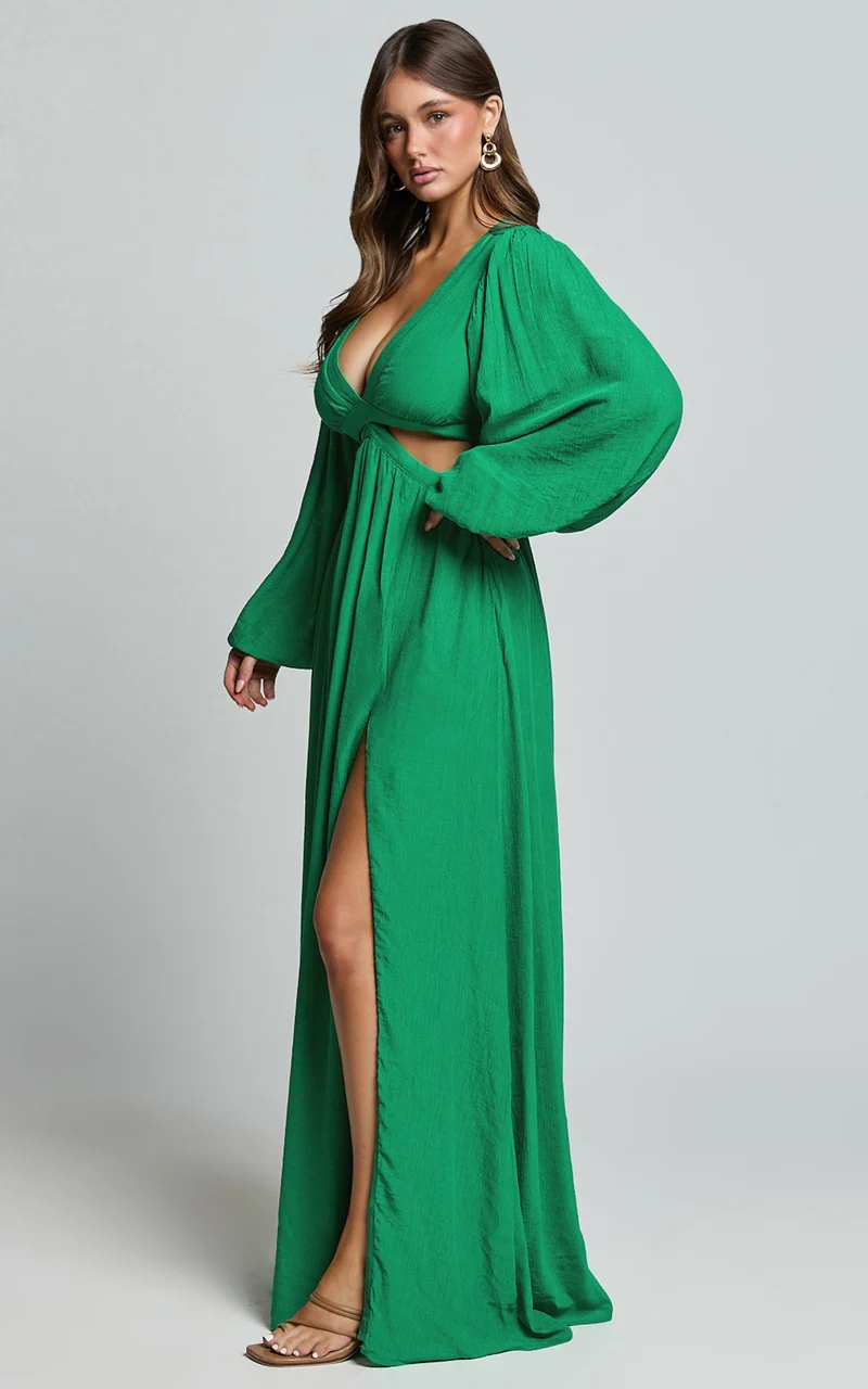 Paige Maxi Dress - Side Cut Out Balloon Sleeve Dress in Green