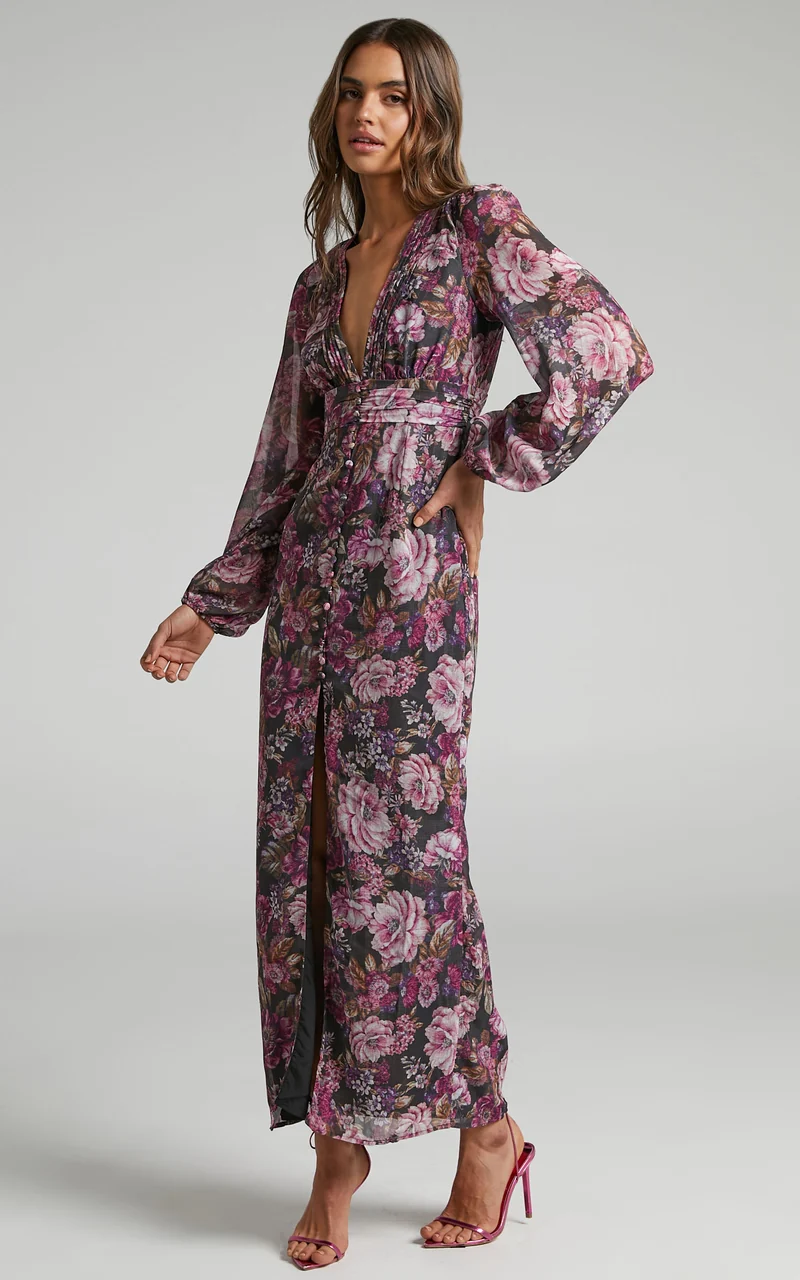 Lorelei Maxi Dress - V Neck Balloon Sleeve Dress in Harvest Floral