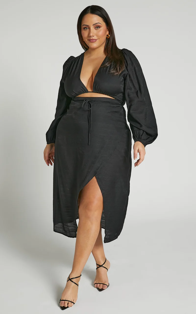 Demieh Midi Dress - Front Cut Out Long Sleeve Dress in Black