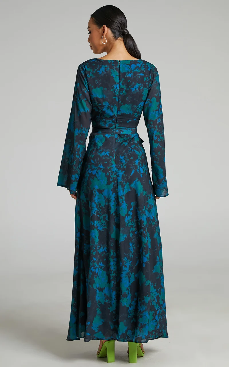 Mirski Midi Dress - Tie Waist Flared Sleeve Dress in Jewel Blur