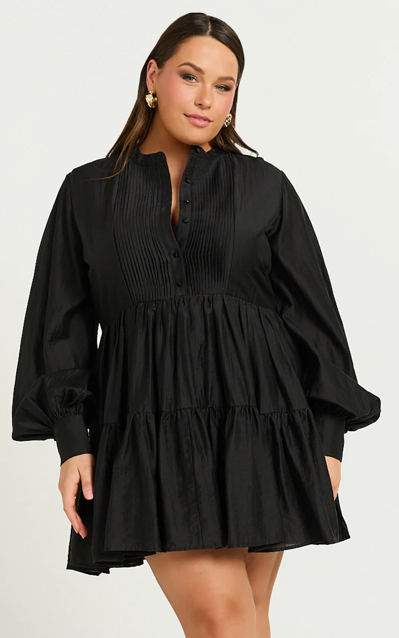 Kyra Mini Dress - Pin Tuck Detail Tiered Shirt Dress in Black