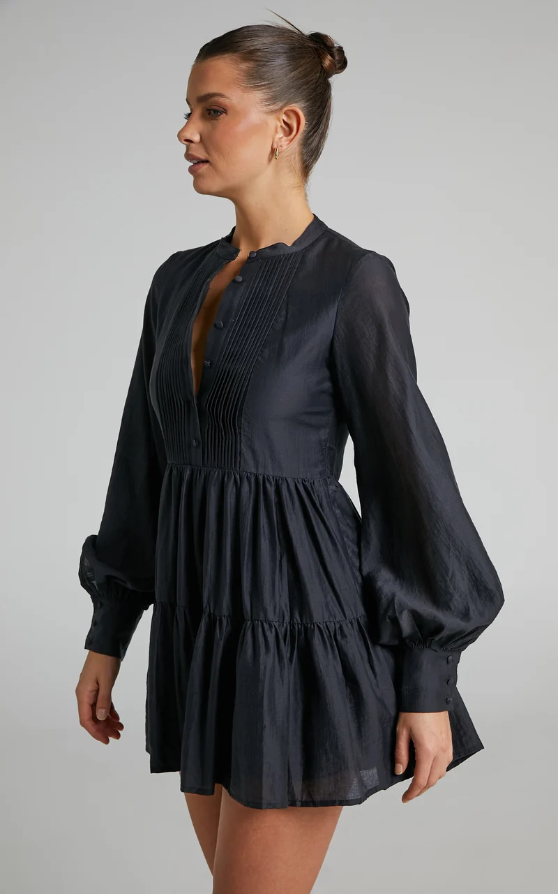 Kyra Mini Dress - Pin Tuck Detail Tiered Shirt Dress in Black