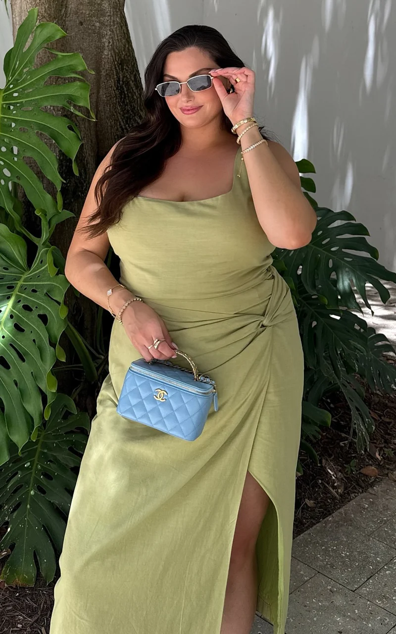 Gibson Two Piece Top and Skirt Set - Linen Crop Top and Knot Front Midi Skirt Set in Celery
