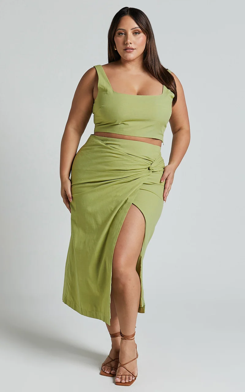 Gibson Two Piece Top and Skirt Set - Linen Crop Top and Knot Front Midi Skirt Set in Celery
