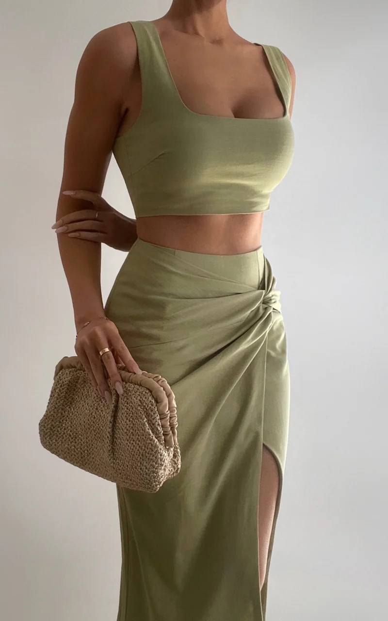 Gibson Two Piece Top and Skirt Set - Linen Crop Top and Knot Front Midi Skirt Set in Celery