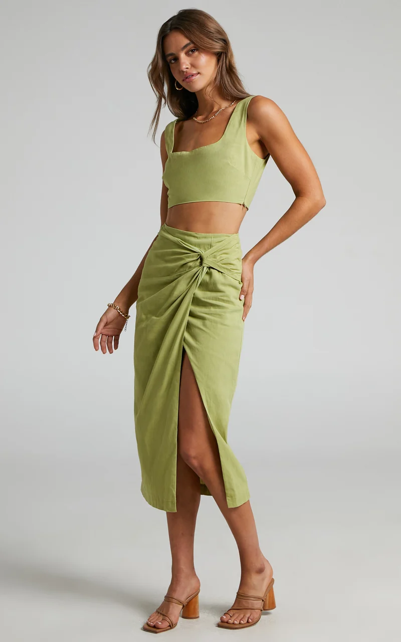 Gibson Two Piece Top and Skirt Set - Linen Crop Top and Knot Front Midi Skirt Set in Celery