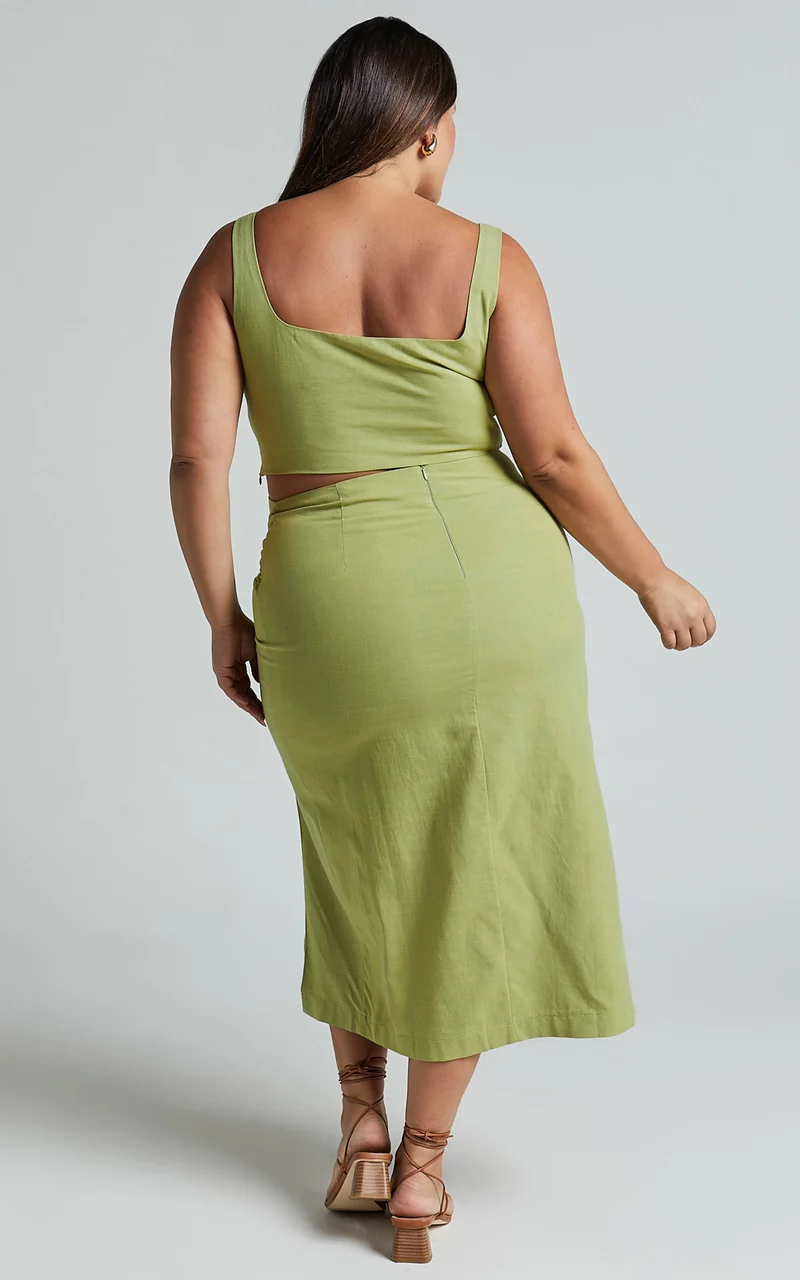 Gibson Two Piece Top and Skirt Set - Linen Crop Top and Knot Front Midi Skirt Set in Celery