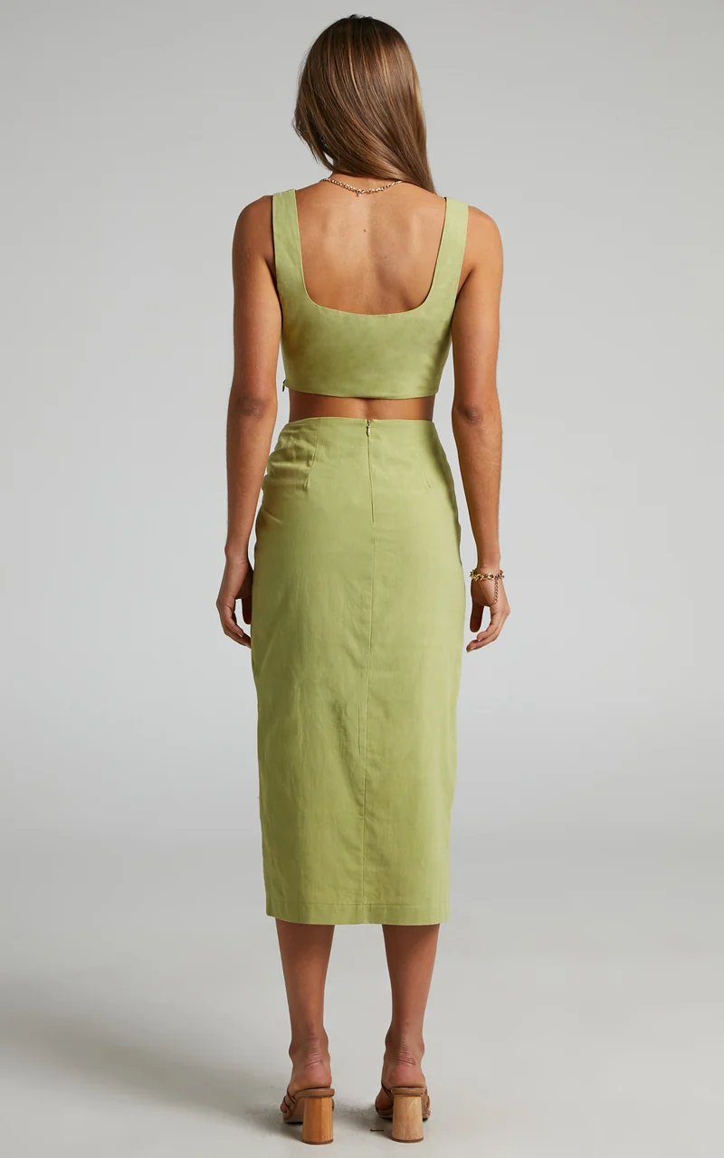 Gibson Two Piece Top and Skirt Set - Linen Crop Top and Knot Front Midi Skirt Set in Celery