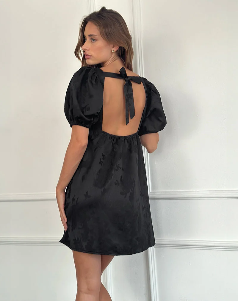 Bimbi Babydoll Mini Robe en satin Jacquard Noir