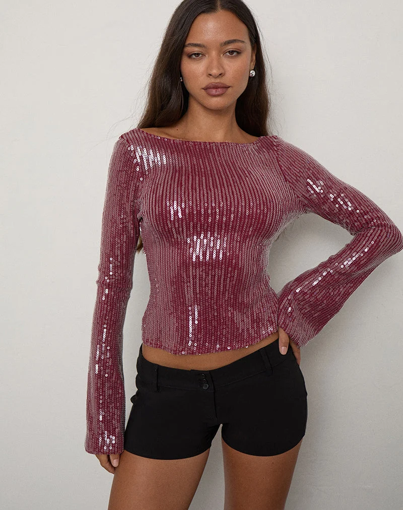 Xarjo Top dos nu en Clear Sequin Maroon