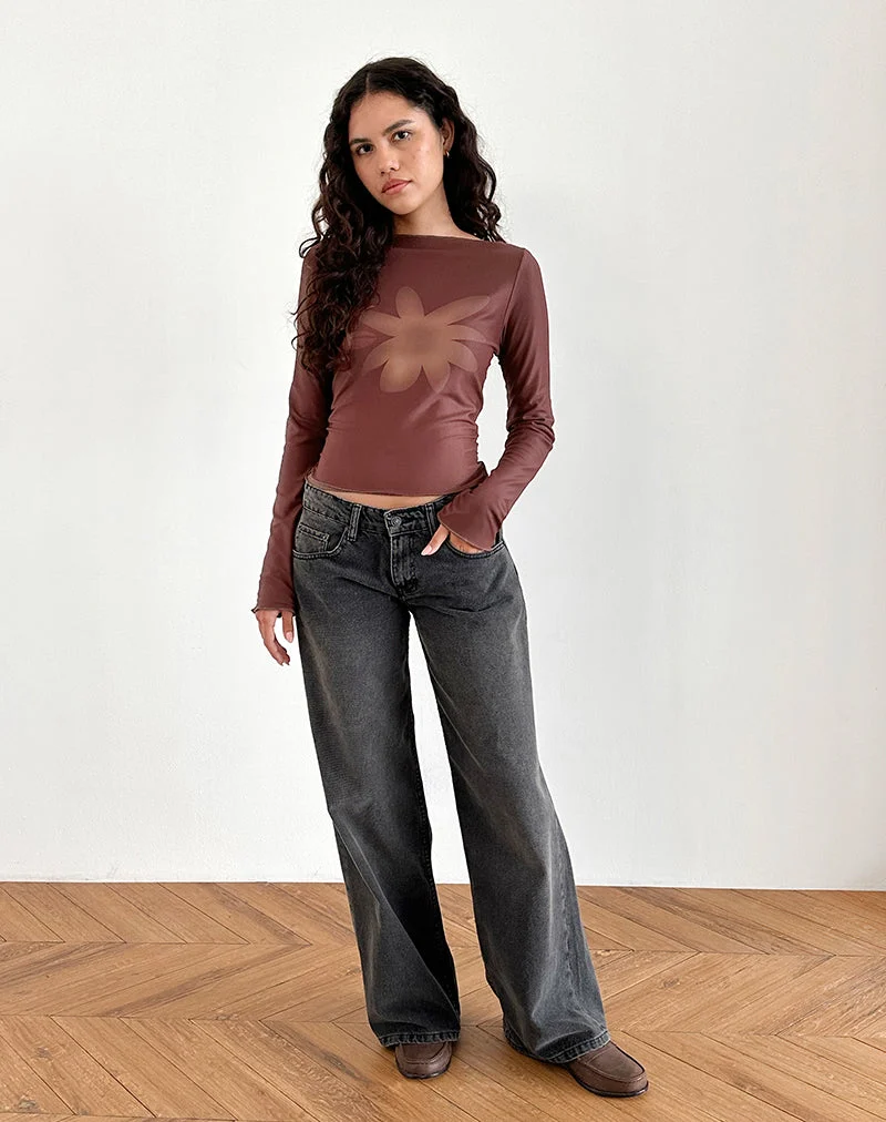 Armali Long Sleeve Top in Mesh Tonal Flower Brown (Top à manches longues en maille avec fleurs tonales)