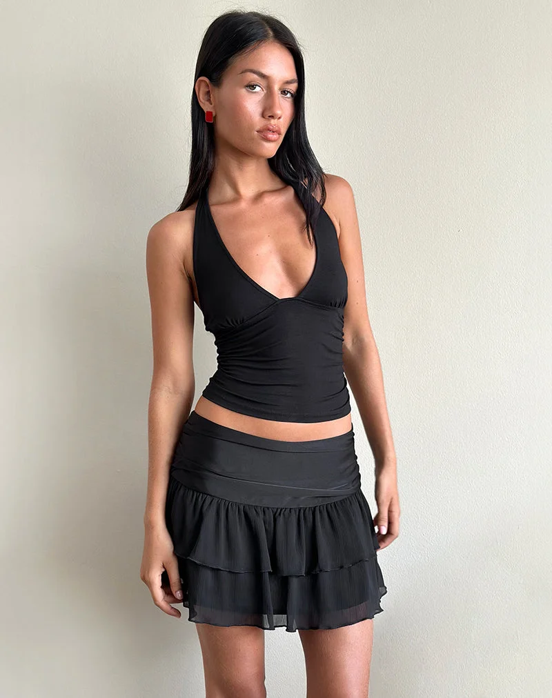 Minijupe à volants Masama, satin et mousseline noirs
