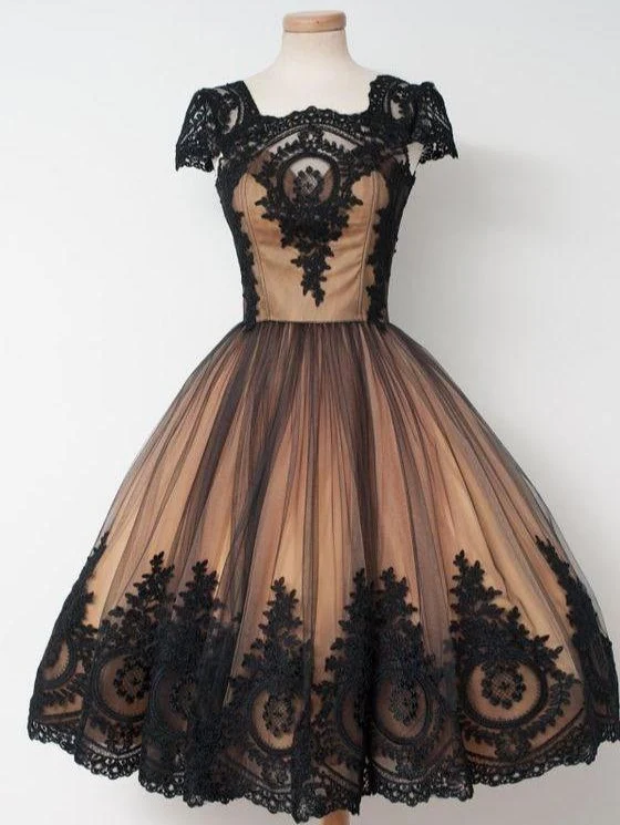 Robe de bal courte vintage en dentelle noire, avec mancherons, 2024