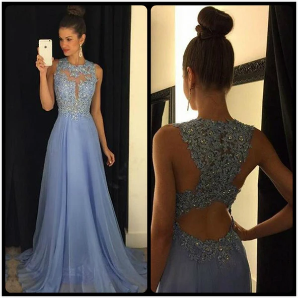 Mousseline de soie A-ligne Bleu Clair Dentelle Applique Perle Sheer Top Robe Formelle