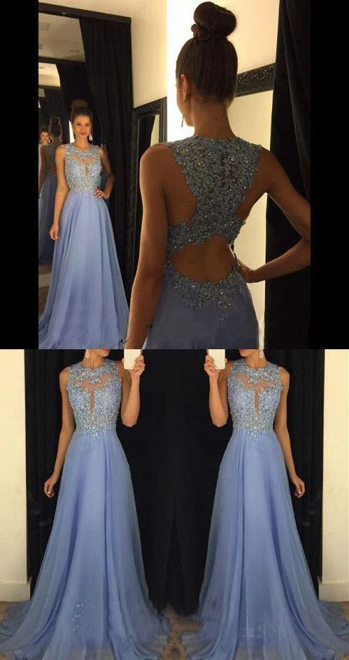 Mousseline de soie A-ligne Bleu Clair Dentelle Applique Perle Sheer Top Robe Formelle