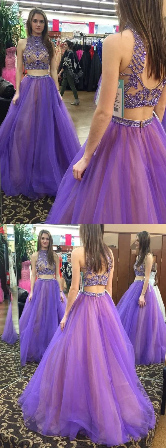 Robe de bal deux pièces en strass lavande à col licou et jupe en tulle