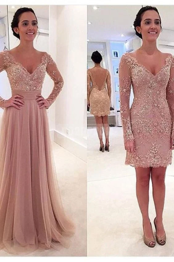 Robe de bal rose poussiéreux à manches longues avec traîne détachable en tulle
