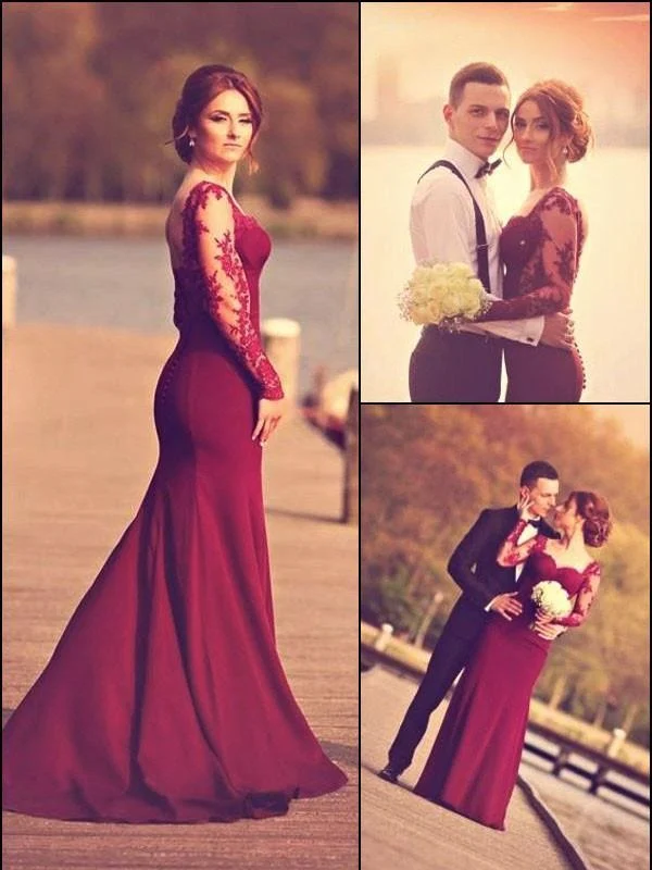 Robe de bal formelle sirène bordeaux à manches longues
