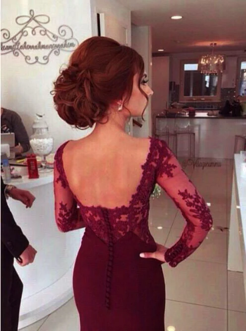 Robe de bal formelle sirène bordeaux à manches longues