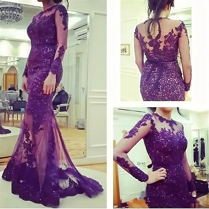 Robe de bal violette Robe de bal sirène en dentelle avec manches