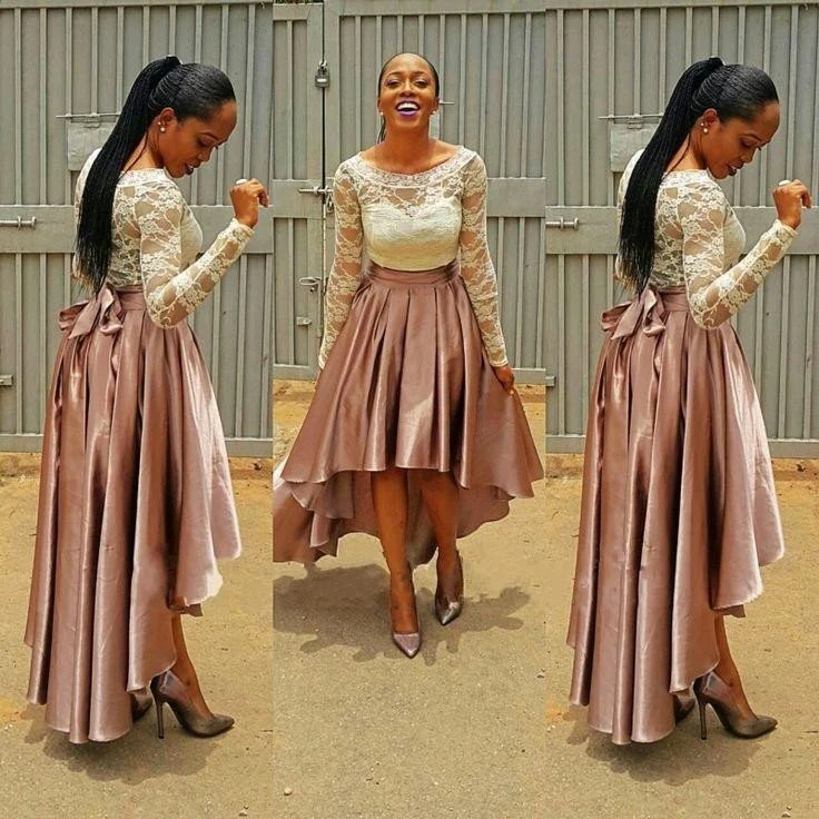 Robe de bal Hi-Low de grande taille, col illusion, haut en dentelle, robe de bal modeste avec manches