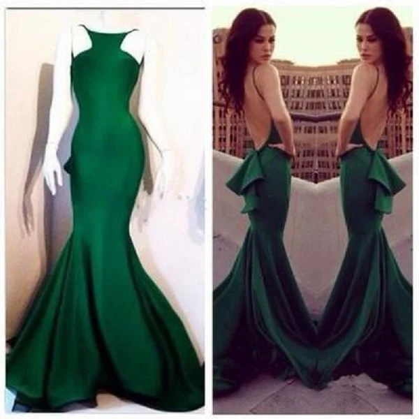 Robe de bal longue ajustée sirène vert émeraude dos nu