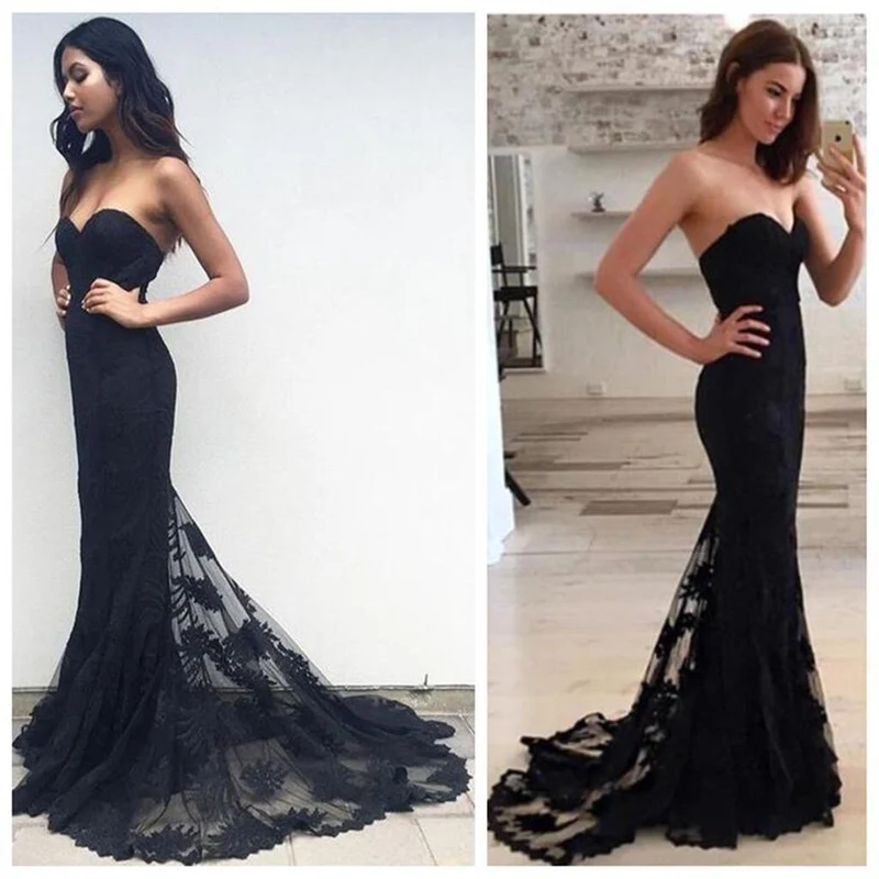 Robe de bal sirène noire en dentelle avec traîne
