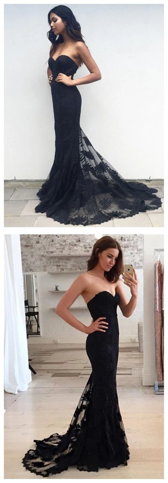 Robe de bal sirène noire en dentelle avec traîne