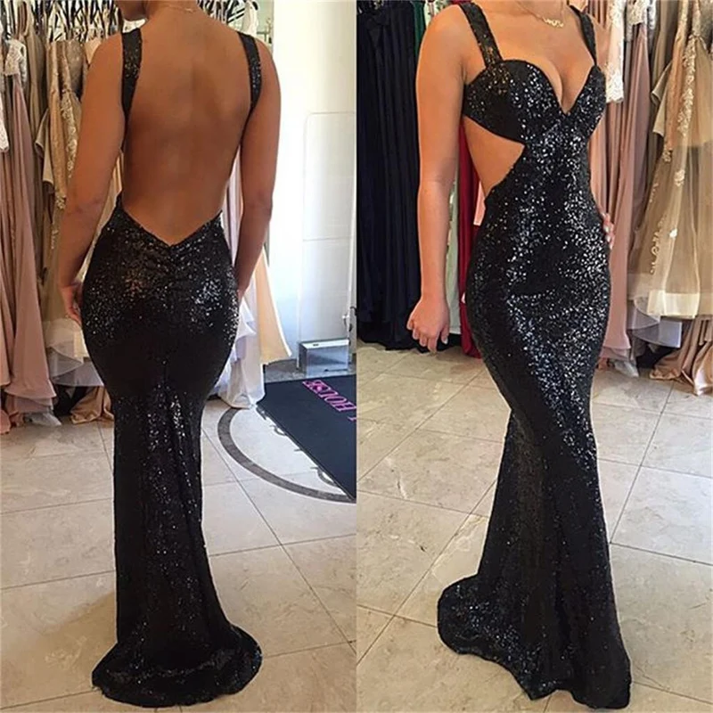 Robe de bal sexy sirène noire à paillettes et dos bas