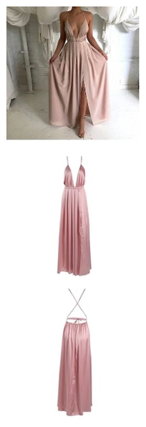 Robe de bal dos nu en mousseline de soie rose poussiéreux à bretelles croisées avec fente