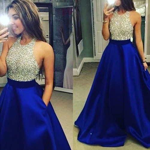 Graduacion Halter Robe formelle de perles bleu royal avec poches