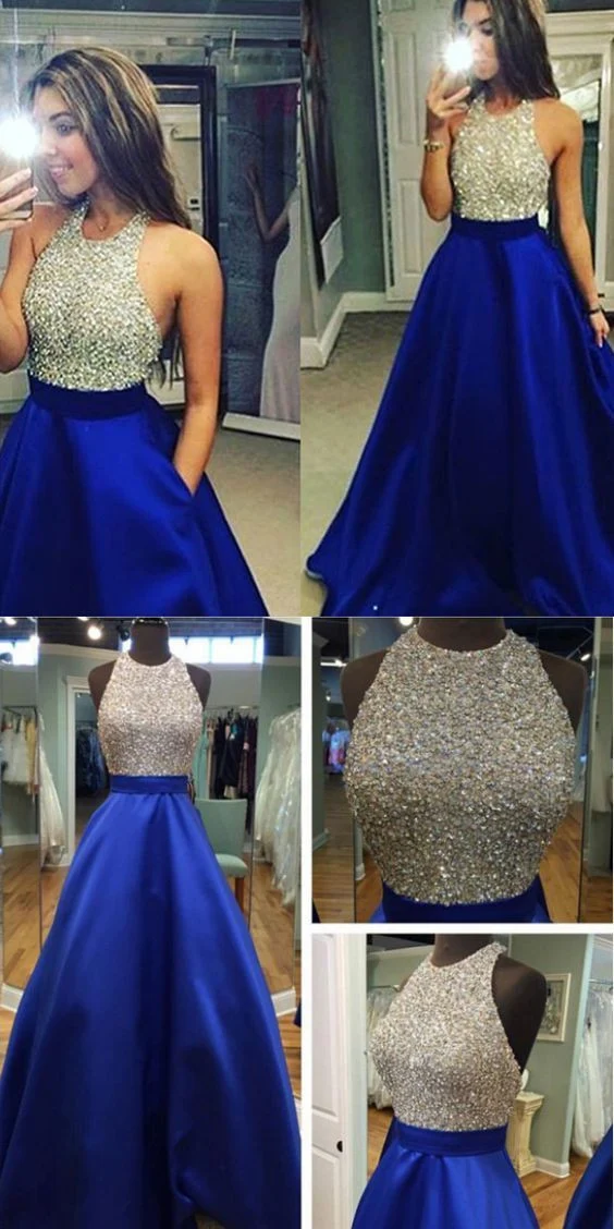 Graduacion Halter Robe formelle de perles bleu royal avec poches