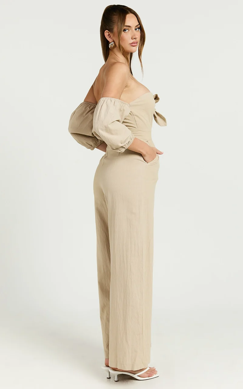 Maja Jumpsuit - Front Tie Off Shoulder Jumpsuit in Sand