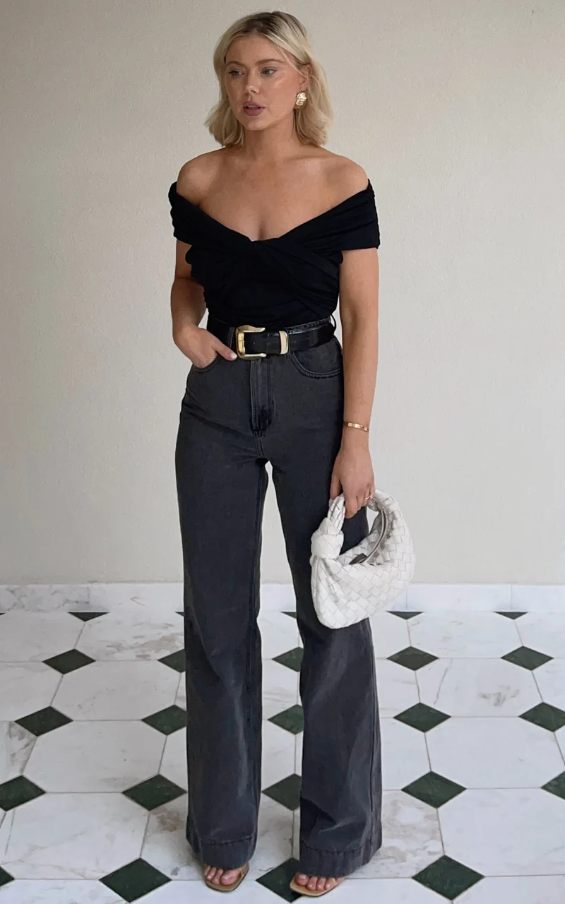 Emman Jeans - High Waisted Cotton Wide Leg Denim Jeans in Washed Black