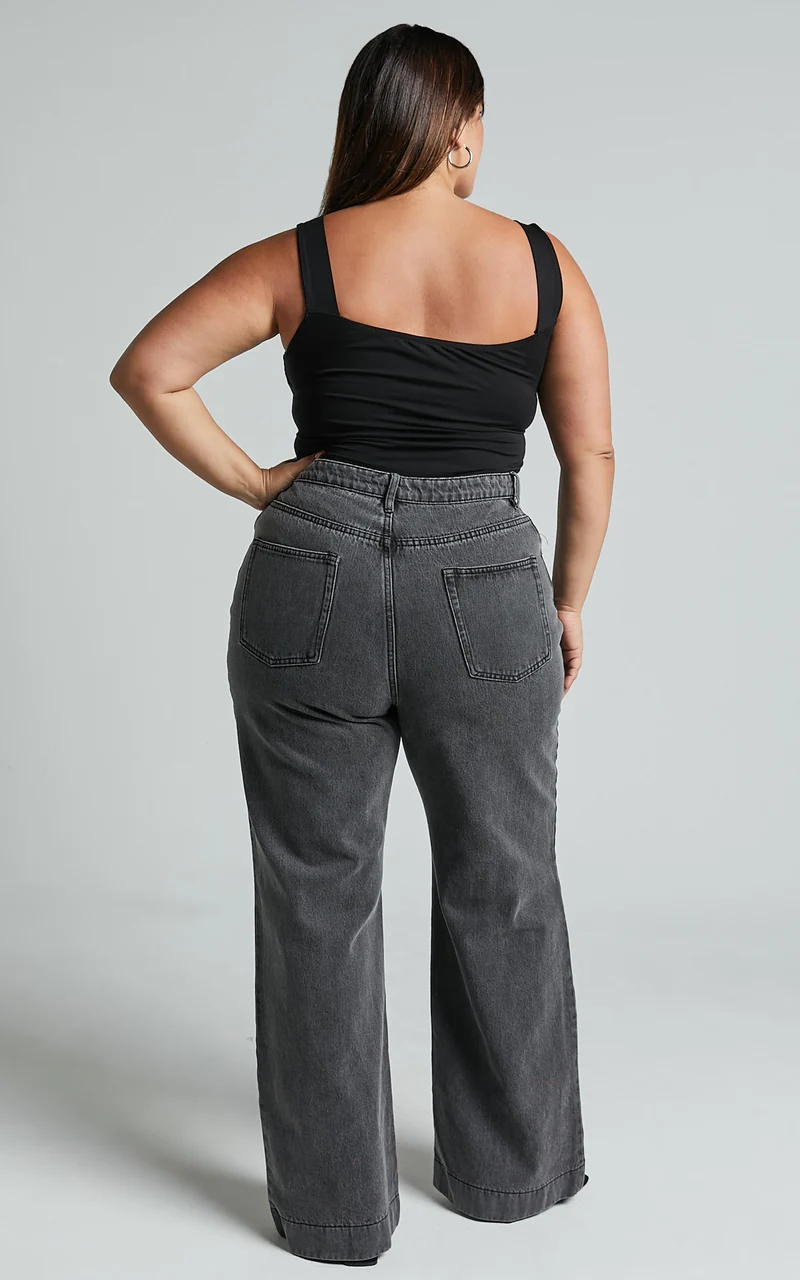 Emman Jeans - High Waisted Cotton Wide Leg Denim Jeans in Washed Black
