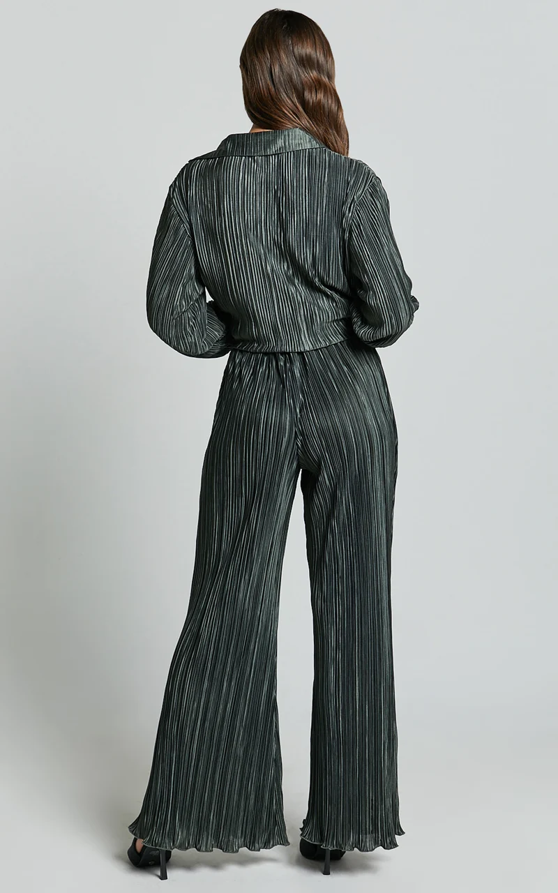 Beca Pants - High Waisted Plisse Flared Pants in Olive