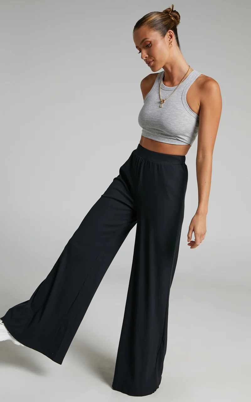 Amalthea Pants - High Waisted Jersey Rib Wide Leg Pants in Black