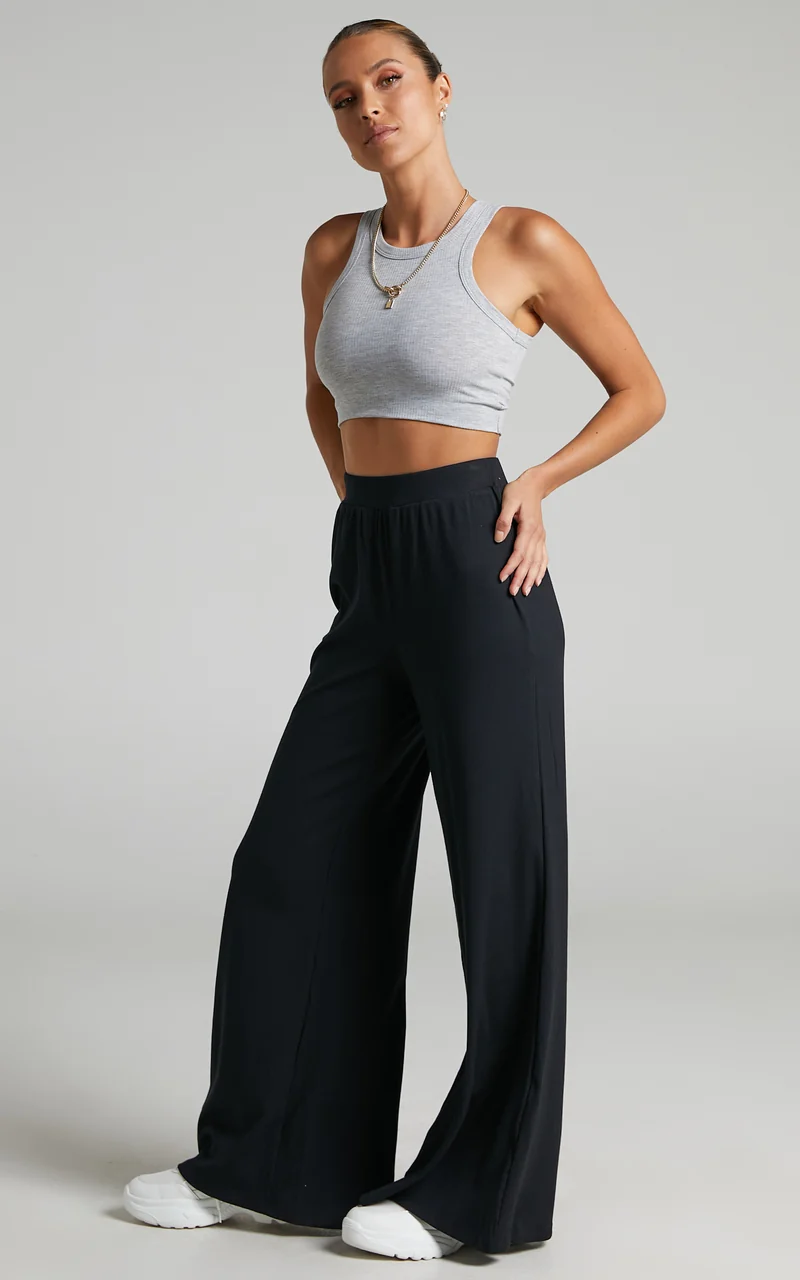 Amalthea Pants - High Waisted Jersey Rib Wide Leg Pants in Black