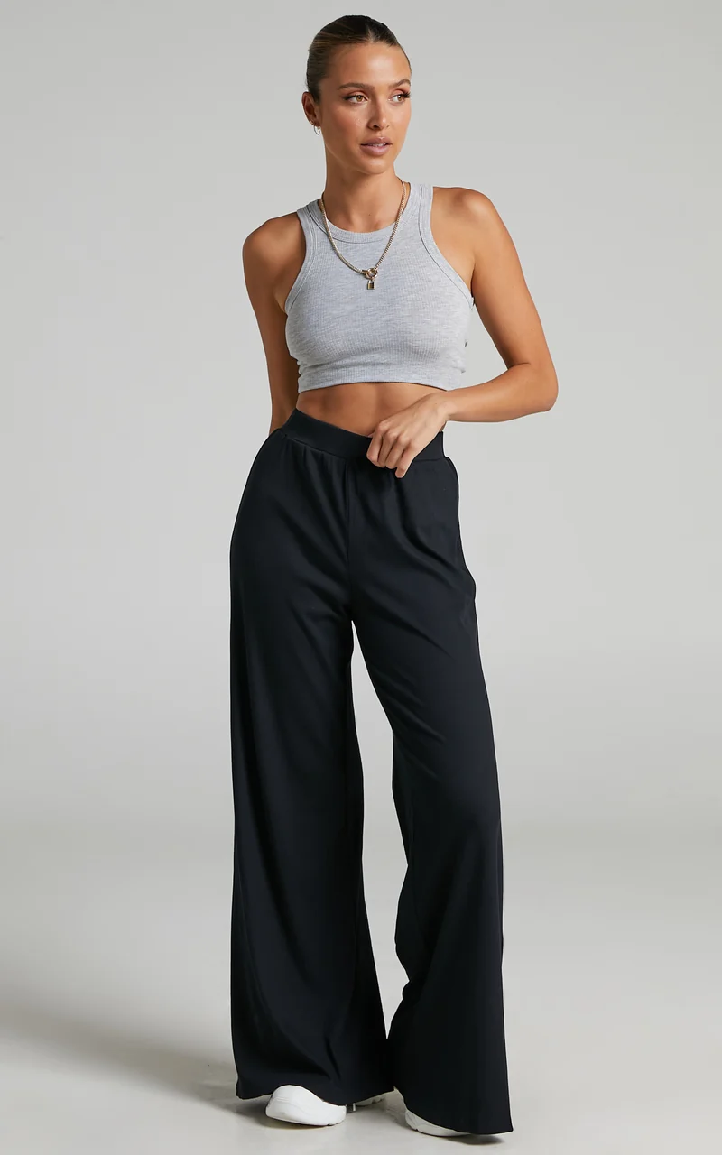 Amalthea Pants - High Waisted Jersey Rib Wide Leg Pants in Black