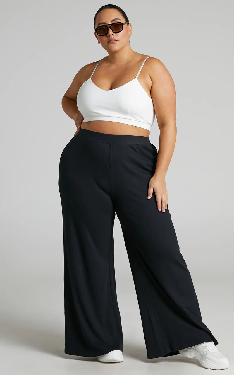 Amalthea Pants - High Waisted Jersey Rib Wide Leg Pants in Black