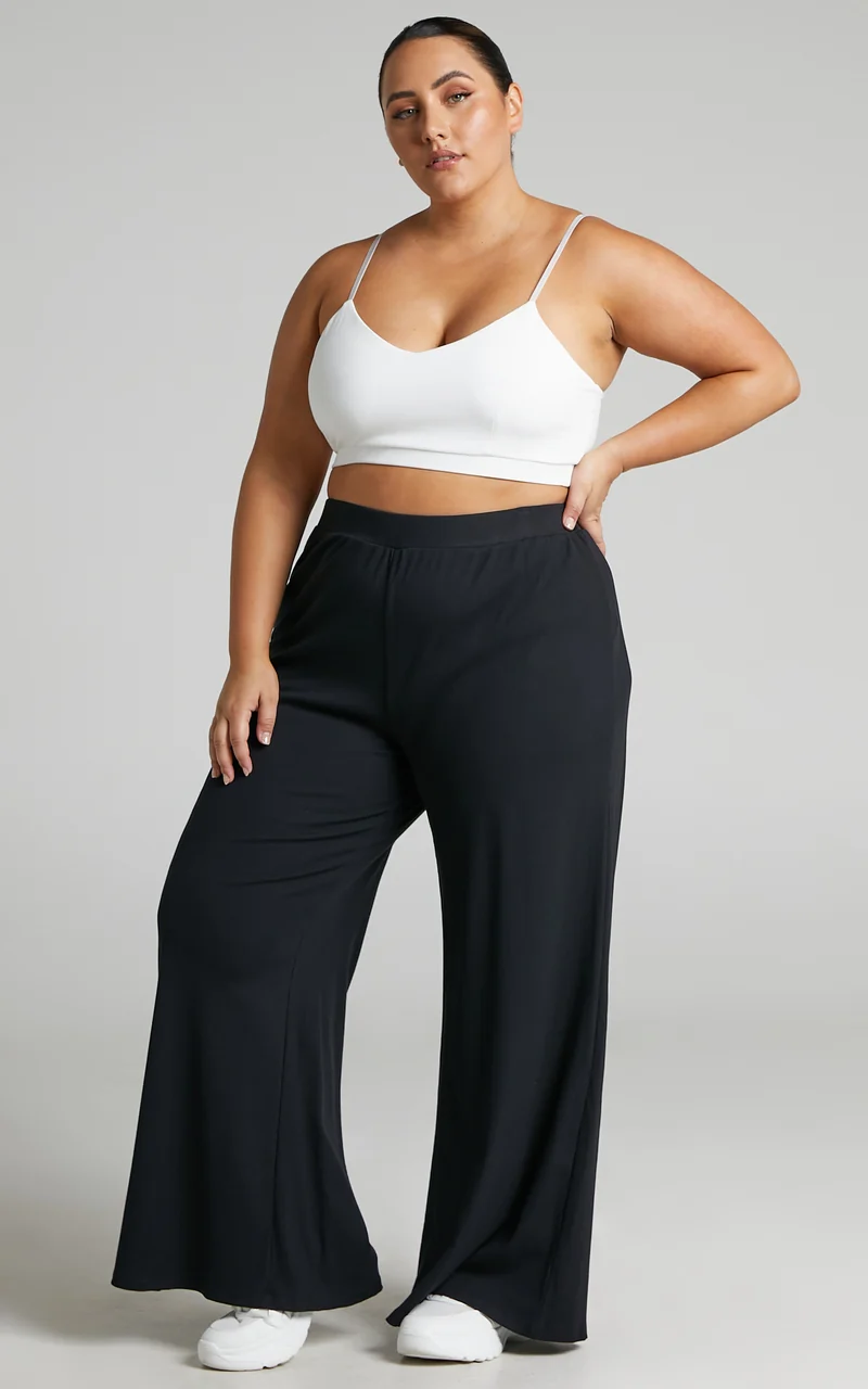 Amalthea Pants - High Waisted Jersey Rib Wide Leg Pants in Black